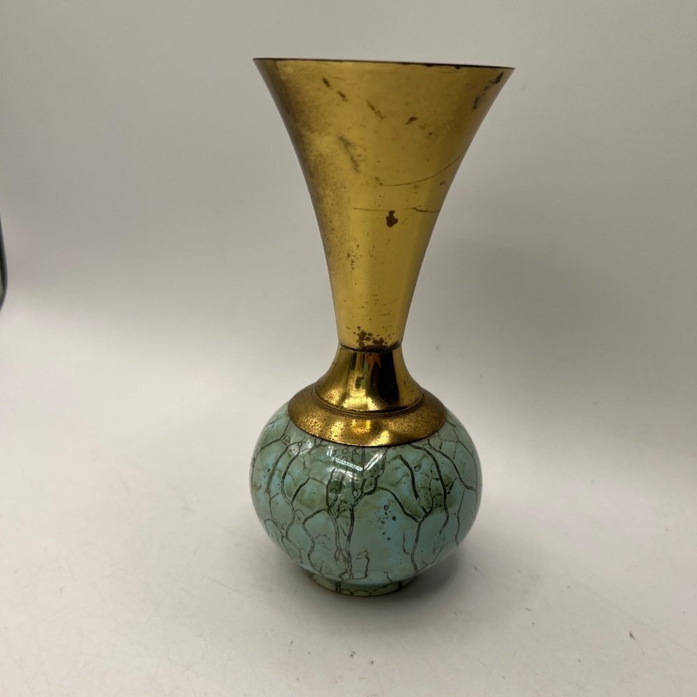 Vintage Mid Century Brass and Green Ceramic Hand Painted Delft Flower Bud Vase.